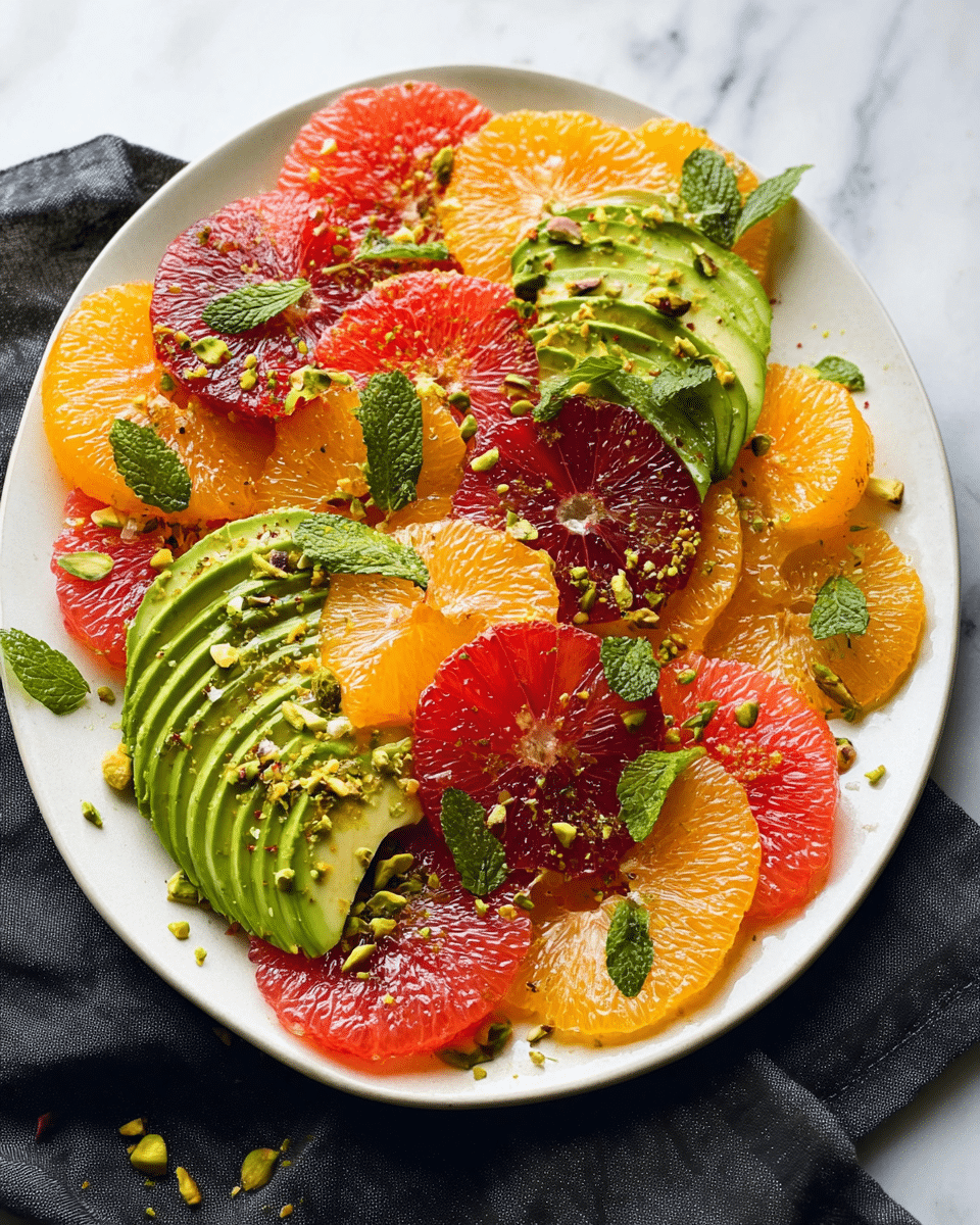 A white plate is filled with layers of thinly sliced citrus fruits and avocado, arranged in a circular pattern. The bottom layer consists of bright orange and pink grapefruit slices, topped by deep red blood orange slices. Overlapping these are fanned slices of creamy green avocado, showing slight ridges from the slicing tool. The dish is sprinkled with crushed pistachios and small fresh mint leaves scattered on top for color and texture. The plate is placed on a dark cloth over a white marbled surface. Photo taken with an iphone --ar 4:5 --v 7