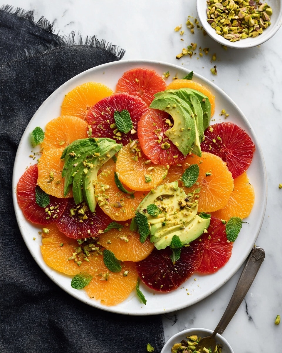 A white plate holds a colorful salad with three main layers: bright orange slices, deep red blood orange slices, and light green avocado slices. The orange and blood orange slices are thin and round, covering most of the plate in a scattered, overlapping way. The avocado slices are curved, fanned out, and placed evenly among the citrus slices. Small green mint leaves are spread evenly on top, adding a fresh touch, while crushed pistachio nuts are sprinkled over the whole dish for texture. The plate rests on a dark cloth on a white marbled surface, with a small white bowl holding more pistachio nuts nearby. Photo taken with an iphone --ar 4:5 --v 7