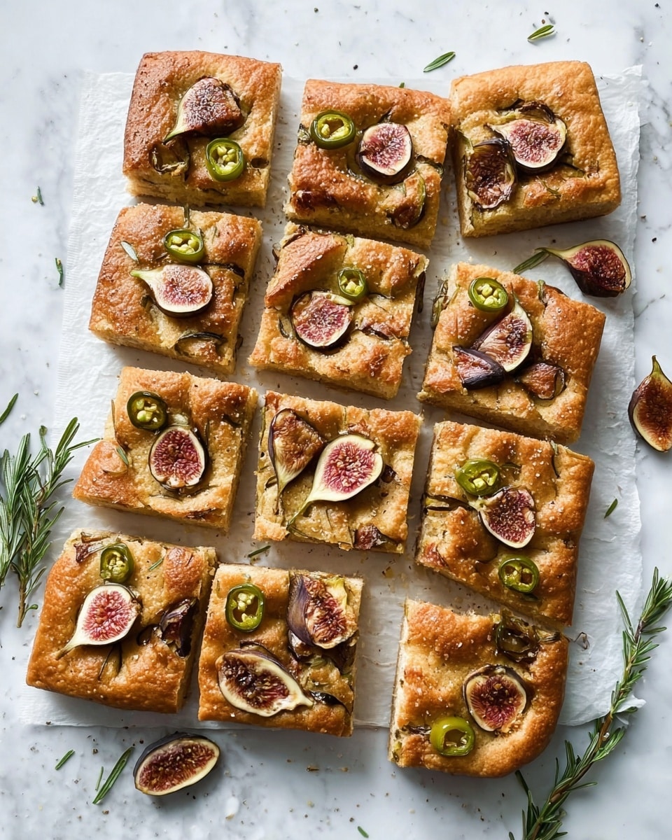 The image shows twelve square pieces of golden brown focaccia bread topped with sliced fresh figs and green jalapeño slices. The focaccia has a slightly puffy texture with dimples and a sprinkled finish of coarse salt and small rosemary leaves. The bread sits on white parchment paper placed on a white marbled surface, with small rosemary sprigs scattered around. The figs have a dark outer skin with a soft, light pinkish inside, while the jalapeños add a contrasting bright green color. Photo taken with an iphone --ar 4:5 --v 7