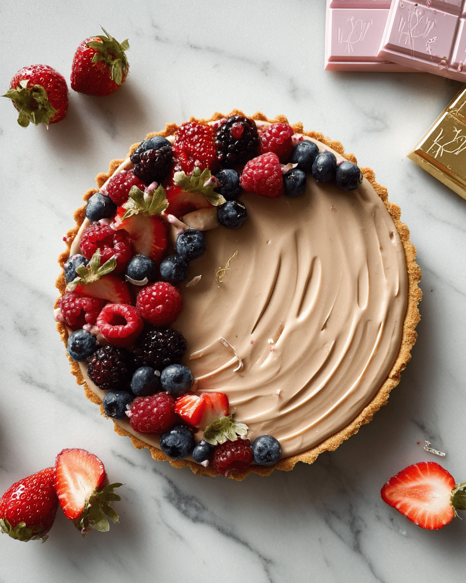 A round tart with a golden brown crust forms the base, topped with a smooth light brown creamy layer that has soft swirled texture lines across the surface. On top, fresh berries are arranged in small clusters near the edges: bright red halved strawberries with green tops, deep blue blueberries, dark purple blackberries, and vibrant red raspberries. Some berries are scattered on the white marbled surface around the tart along with two strawberry halves. In the top right corner, a partially unwrapped pink chocolate bar with gold foil is visible, and the bottom right corner shows part of a pink chocolate wrapper. Photo taken with an iphone --ar 4:5 --v 7