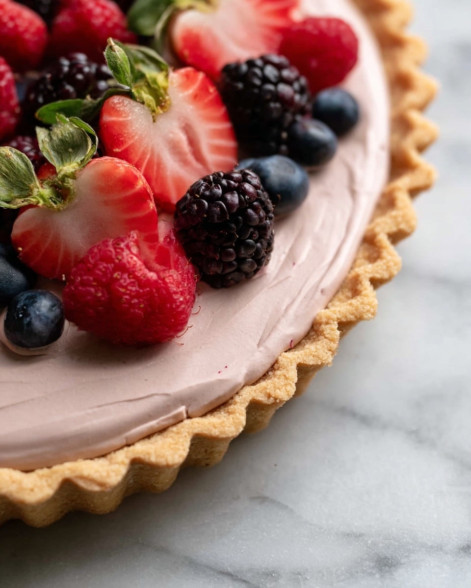 A close-up view of a tart with three visible layers: the bottom layer is a light golden-brown crumbly crust with a scalloped edge; the middle layer is a smooth, creamy light pink filling evenly spread inside the crust; the top layer features fresh mixed berries arranged along the edge, including bright red strawberry halves with green leaves, dark blackberries, red raspberries, and deep blue blueberries. The tart is placed on a surface with a white marbled texture. Photo taken with an iphone --ar 4:5 --v 7