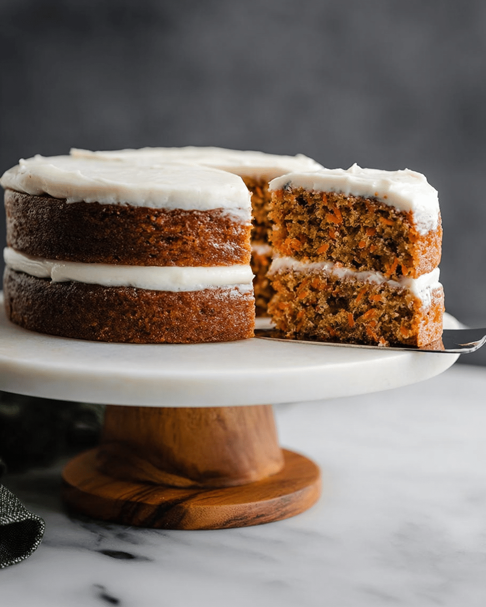 A two-layer carrot cake with a light brown, moist texture sits on a white cake stand with a wooden base, placed on a white marbled surface. Each cake layer is separated by a thick and creamy white frosting, which also covers the top and sides of the cake with a smooth but slightly textured finish. A slice is being lifted from the cake on a white cake server, showing the cake’s crumbly inside with visible bits of carrot or nuts. The background is blurred and dark gray, focusing attention on the cake. photo taken with an iphone --ar 4:5 --v 7
