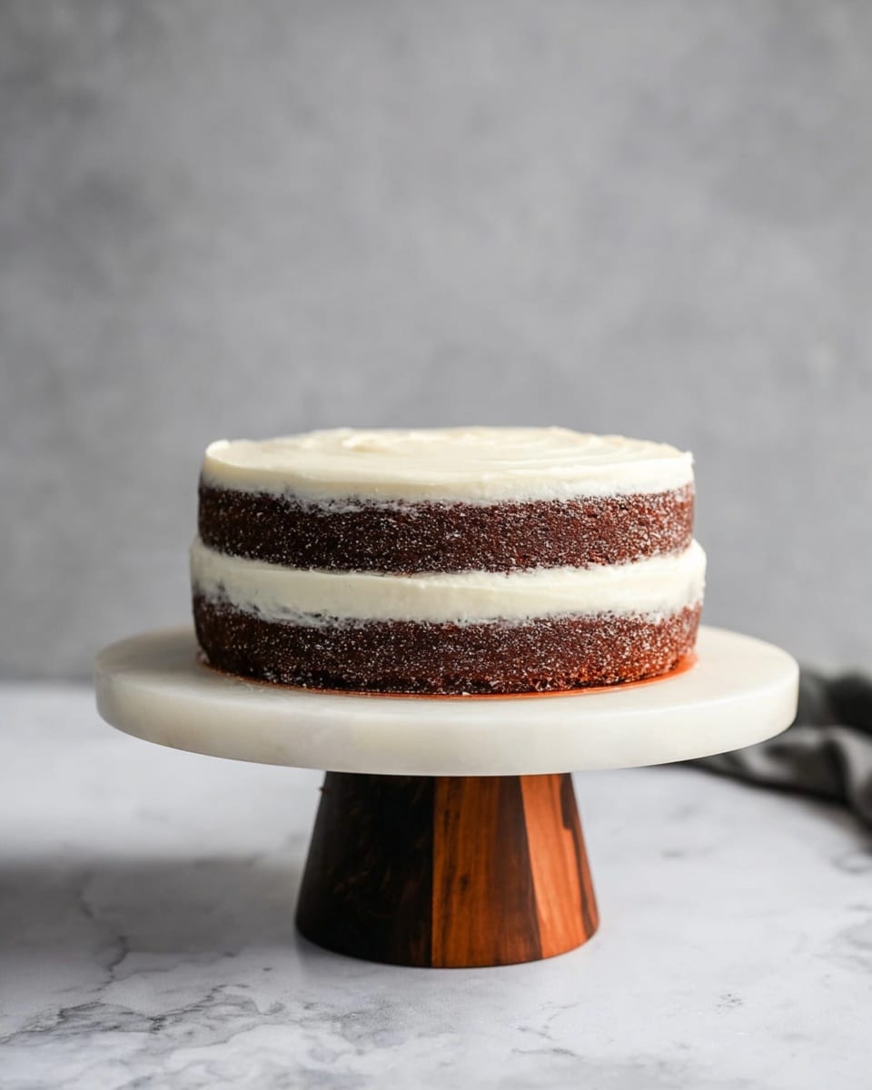 The image shows a two-layer cake placed on a white marble cake stand with a thick dark wooden base. The cake has two visible layers of dark brown sponge separated by a medium-thick layer of creamy white frosting, which also covers the top and sides of the cake in a semi-naked style, allowing the edges of the sponge to show through slightly. The background is a soft grey color and the surface beneath the cake stand is a white marbled texture. photo taken with an iphone --ar 4:5 --v 7