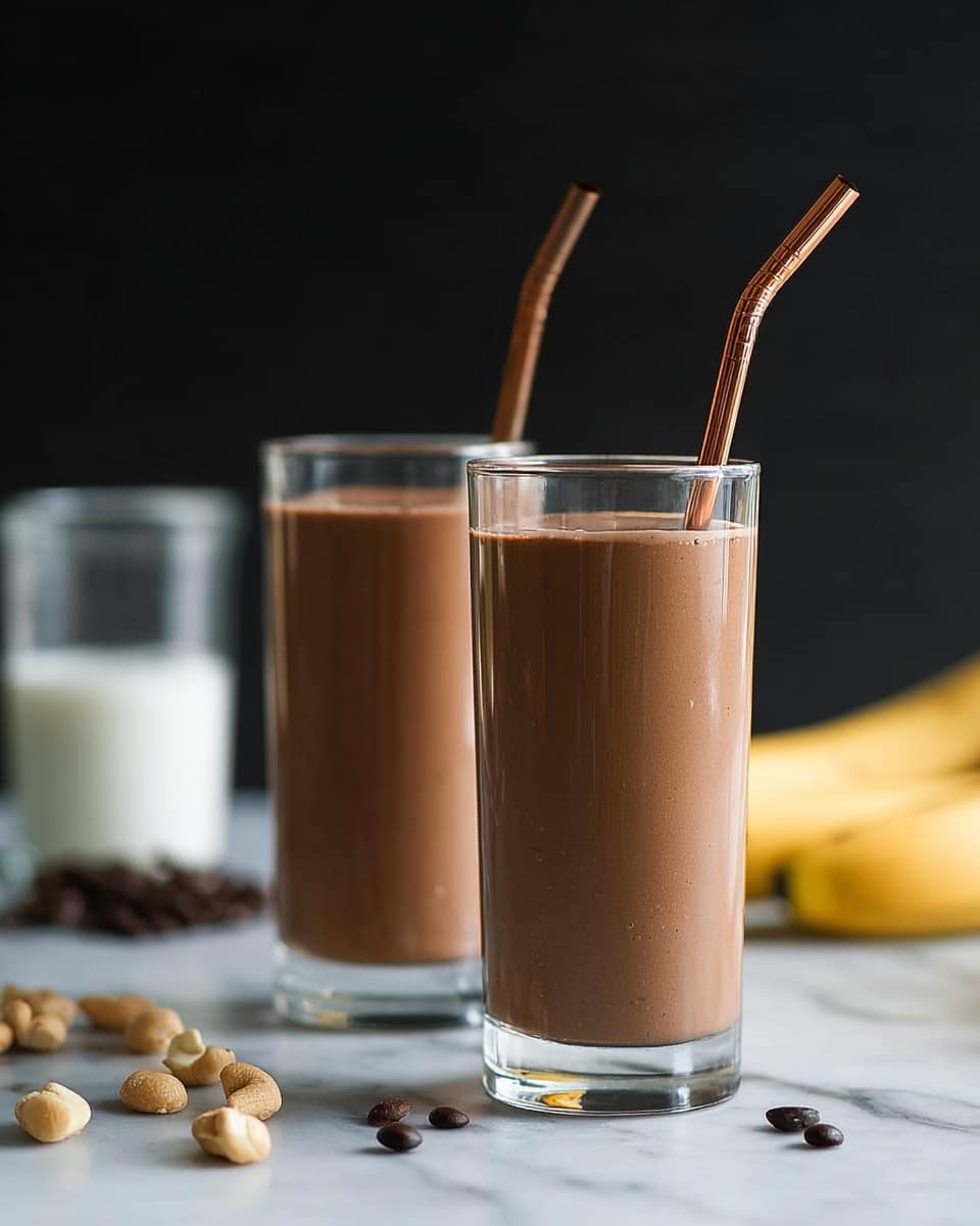Two tall clear glasses filled with a smooth, thick chocolate drink are placed on a white marbled surface, each glass with a copper-colored metal straw. The drink is a rich light brown color with a shiny texture, filling the glasses almost to the top. Scattered around the glasses are some raw cashew nuts and dark coffee beans. Behind them, a clear glass container holds white milk, slightly out of focus. A section of yellow banana is seen on the right side, also out of focus, adding a soft pop of color. The background is dark, making the drink and ingredients stand out. photo taken with an iphone --ar 4:5 --v 7