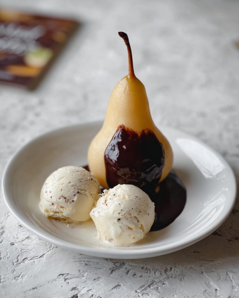 Champagne Poached Pears with Dark Chocolate Fudge Sauce Recipe