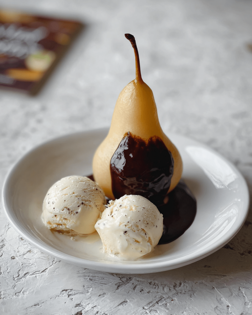 A yellow pear stands upright on a white plate with a smooth beige sauce base, topped with a thick, dark brown chocolate sauce slowly dripping down its front from above; beside the pear, there are two scoops of white ice cream with light brown specks, all set against a white marbled texture with blurred warm yellow lights in the dark background, giving a cozy and elegant feel, photo taken with an iphone --ar 4:5 --v 7