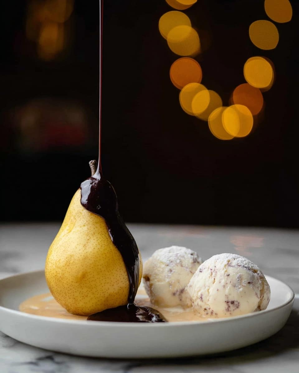 A white plate holds a light yellow poached pear standing upright with its stem, covered on one side by a thick, dark brown chocolate sauce that drips down to form a small pool around the base. Next to the pear are three scoops of creamy vanilla ice cream with visible specks of vanilla. The plate sits on a white marbled texture. Photo taken with an iphone --ar 4:5 --v 7