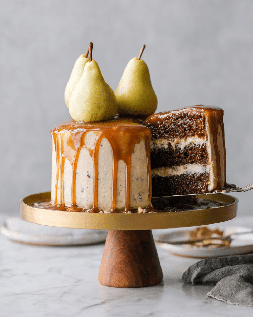 This image shows a two-layer cake on a gold cake stand with a wooden base, placed on a white marbled surface. The cake has two dark brown layers with visible texture and creamy beige frosting in between and around the sides. Caramel glaze is dripping down the sides, covering the top and partly flowing over the edges. Three light yellow pears with brown stems sit on top of the cake as decoration. A silver cake server is lifting a slice from the cake, showing the moist texture of the cake and frosting inside. In the background is a soft light gray blurry backdrop. Photo taken with an iphone --ar 4:5 --v 7