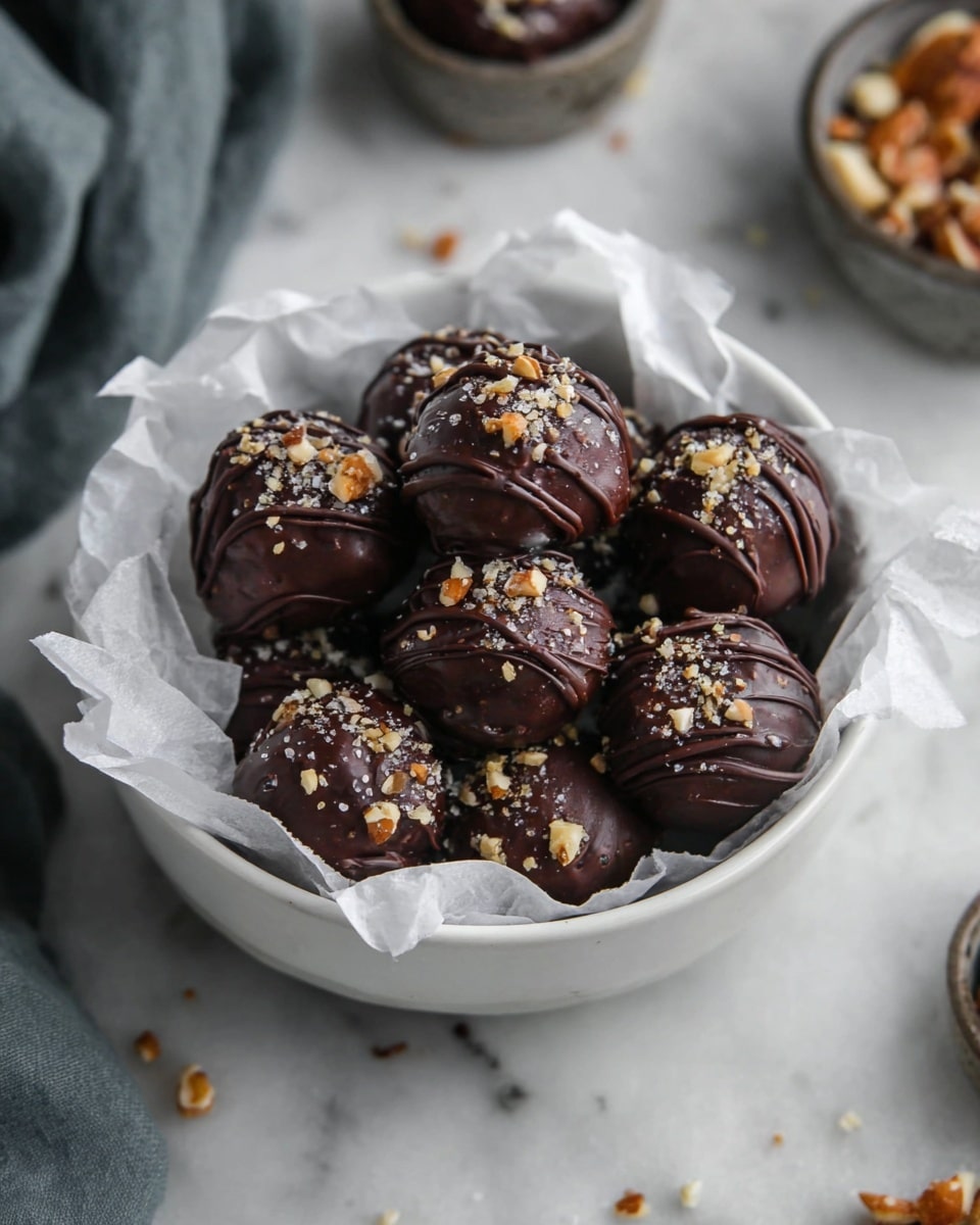 A white bowl lined with crumpled white parchment paper holds a pile of round dark chocolate balls. Each ball is coated in smooth, glossy dark chocolate and drizzled with thin lines of extra chocolate on top. They are sprinkled with small pieces of chopped nuts and tiny flakes of salt, adding texture and a bit of color contrast. The bowl sits on a white marbled surface, surrounded by blurred-out small bowls and scattered nut pieces. photo taken with an iphone --ar 4:5 --v 7