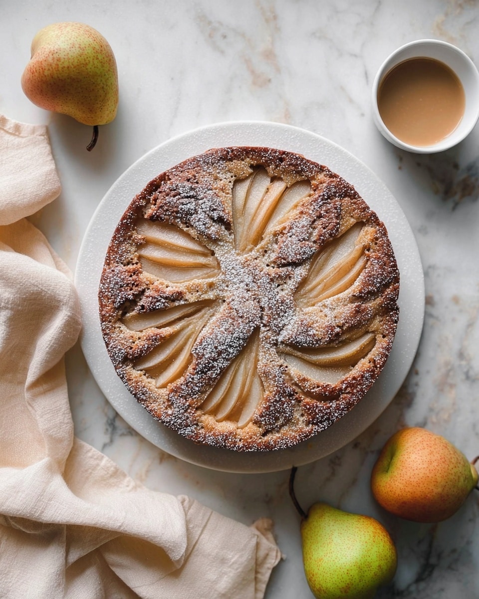 A round pear cake with a golden brown crust dusted with powdered sugar sits on a white plate. The top layer shows several pear slices arranged in a pattern, partially covered by the baked cake batter that has risen unevenly, creating a textured surface. Around the cake, there are whole pears and a small white bowl with light brown sauce on a white marbled surface, along with a soft cream-colored cloth casually placed to the side. The scene gives a warm, homemade feeling. Photo taken with an iphone --ar 4:5 --v 7