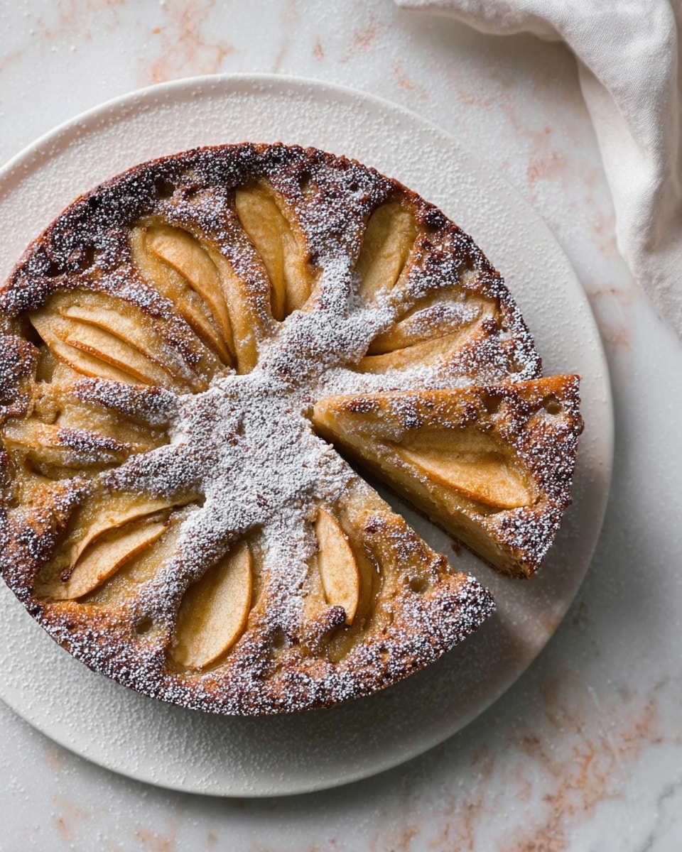 A round baked apple tart with a golden brown crust and a slightly darker edge sits on a white plate over a white marbled surface. The top has thin slices of apple arranged in a semi-circular pattern, partially covered with a dusting of powdered sugar that creates a light snowy effect across the tart. The apple slices peek through the crust in several places, showing a warm amber color and a soft texture. Photo taken with an iphone --ar 4:5 --v 7