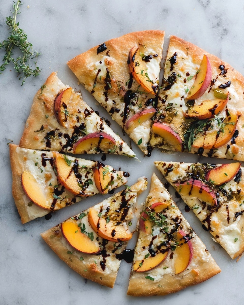 The image shows several slices of pizza on a white marbled surface with a thin golden crust as the base layer. The second layer is a creamy white cheese spread unevenly across the crust with patches of melted light brown cheese. The third layer includes slices of orange and reddish fruit or vegetable pieces, placed on top in irregular shapes. Dark balsamic glaze is drizzled in thin, wavy lines over the entire pizza as the fourth layer, adding black streaks. Fresh green herb leaves are sprinkled lightly across the pizza as the final layer. Photo taken with an iphone --ar 4:5 --v 7