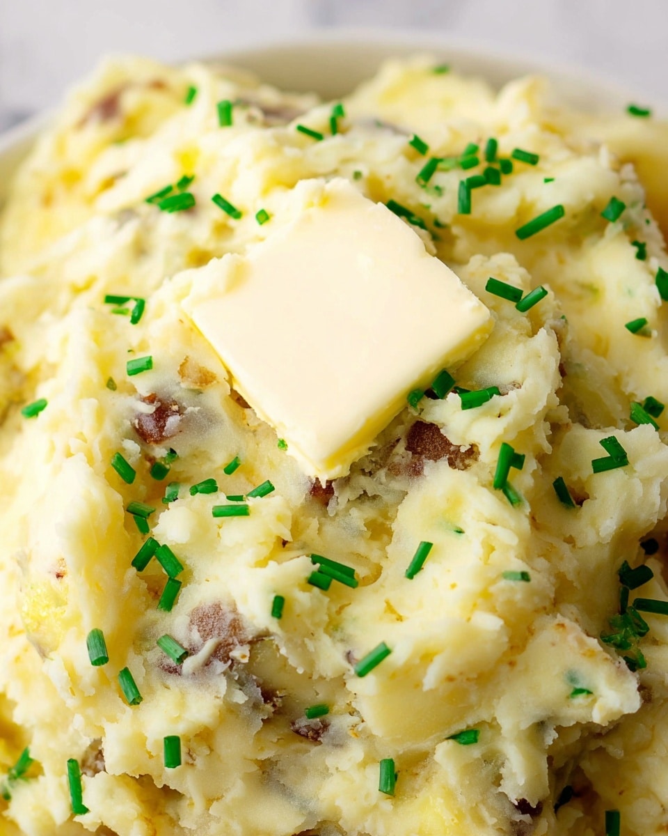A close-up view of mashed potatoes with visible bits of potato skin mixed in, creating a creamy yellow base with small dark brown patches. On top, a square piece of butter is melting slightly, adding a smooth, pale layer. Bright green chopped chives are scattered evenly over the surface, providing a fresh contrast in color and texture. The dish is set against a white marbled background. photo taken with an iphone --ar 4:5 --v 7