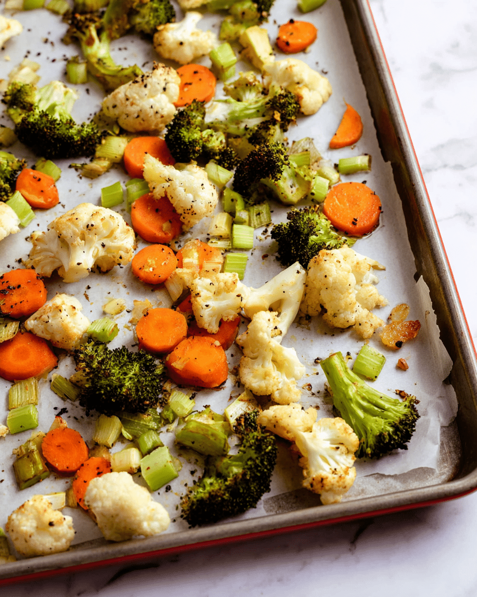 A metal baking tray lined with parchment paper holds scattered pieces of roasted vegetables, including bright green broccoli florets, pale off-white cauliflower chunks, small diced light green celery, and thin round bright orange carrot slices with ridged edges. The vegetables are lightly browned and sprinkled with black specks of seasoning, showing a slight char and roasted texture. The edges of the tray are visible with one corner showing a red silicone grip, all set on a white marbled surface. photo taken with an iphone --ar 4:5 --v 7