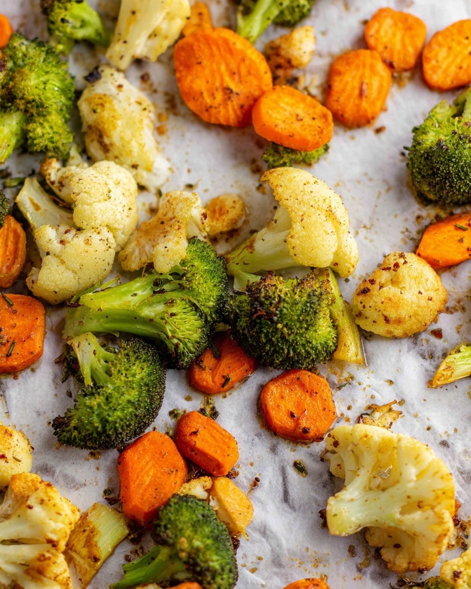 A close-up of roasted mixed vegetables scattered directly on a baking sheet lined with parchment paper on a white marbled surface. The dish features three types of vegetables: bright green broccoli florets with a slightly crisp texture, off-white cauliflower florets with browned edges, and vibrant orange carrot slices cut into small rounds with a ridged surface. Each vegetable piece shows a light char and seasoning, giving a roasted and flavorful appearance. The image captures a simple, rustic look with no plate, focusing only on the colorful roasted vegetables. photo taken with an iphone --ar 4:5 --v 7