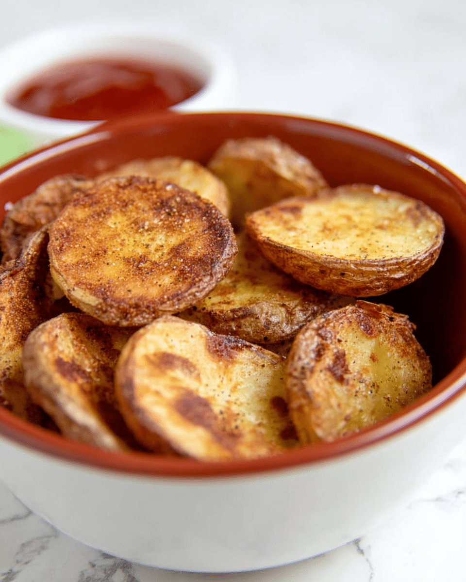 A close-up of a bowl filled with several round slices of roasted potatoes, each slice showing a golden-brown color with a slightly crispy texture and some darker brown spots from roasting. The potatoes have a rustic skin left on, with visible seasoning sprinkled over them. The bowl is white on the outside with a reddish-brown inner rim, and there is a white bowl with red sauce blurred in the background. The whole setup is placed on a white marbled surface. photo taken with an iphone --ar 4:5 --v 7