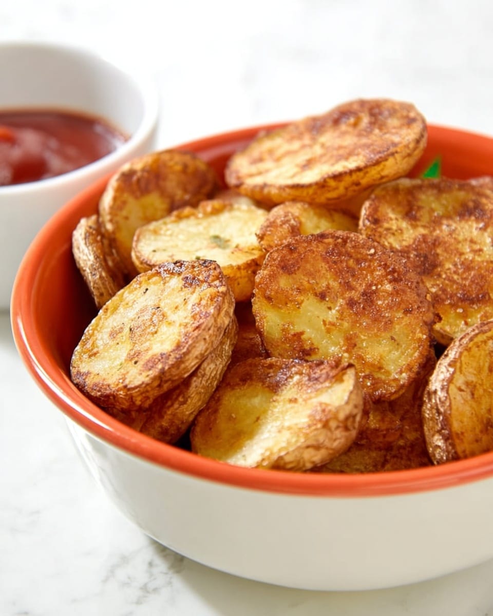 A close-up view of a bowl filled with round, golden-brown roasted potato slices, each slice showing a crunchy, textured surface with a mix of light and darker brown patches from roasting. The potato slices have their skins on, which are a darker, rough texture surrounding the softer and smooth inner parts. The bowl holding the potatoes is white on the outside with an orange interior, and it sits on a white marbled surface. In the background, there is a smaller white bowl containing a red dipping sauce that looks smooth and thick. photo taken with an iphone --ar 4:5 --v 7