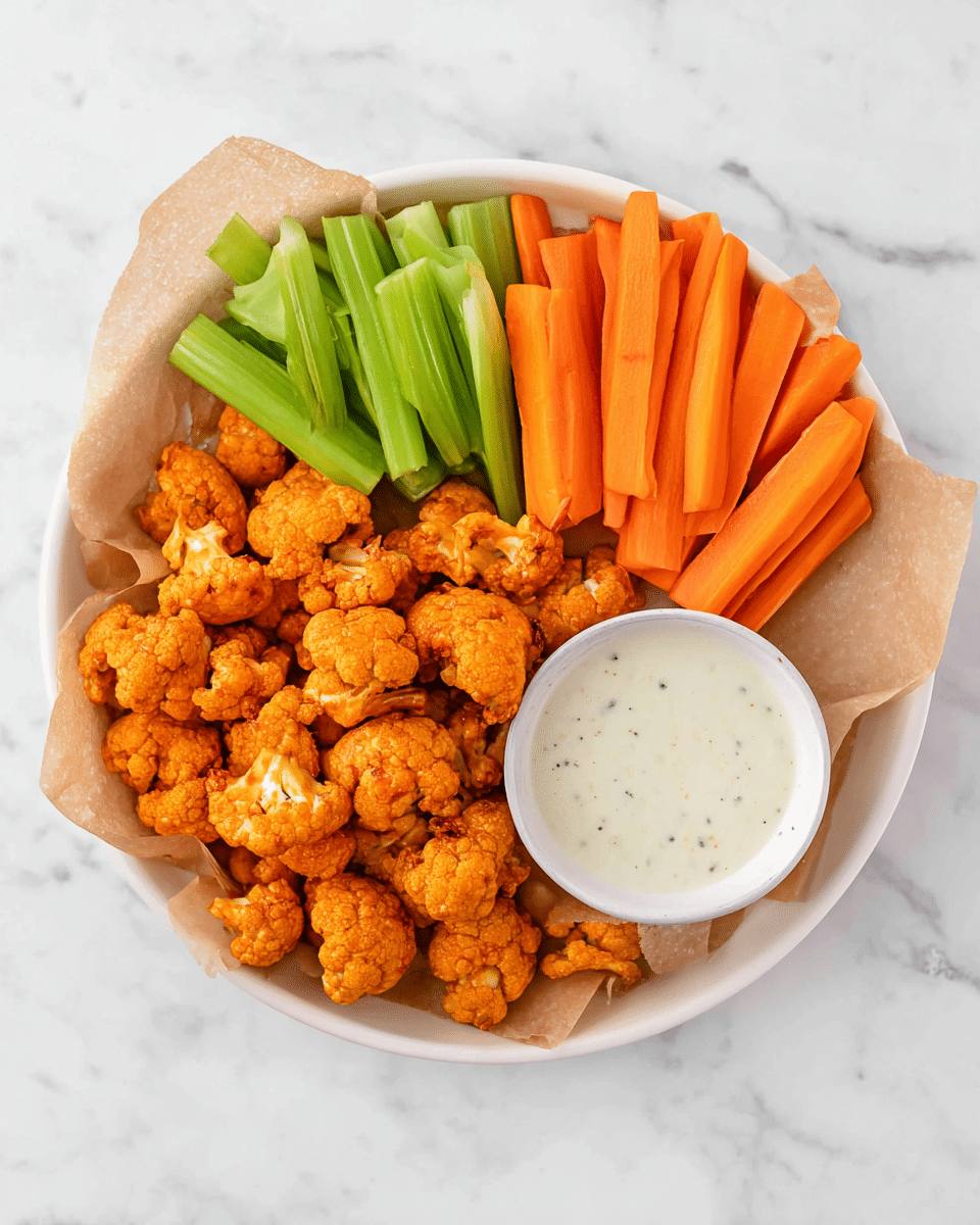 A white round plate lined with light brown parchment paper holds three main parts: a heap of bright orange buffalo cauliflower pieces with a textured, slightly rough surface filling most of the left side, fresh crisp green celery stalks and bright orange carrot sticks arranged in neat bundles on the upper right, and a small white bowl of creamy, light beige ranch dip with small specks placed on the lower right, all set on a white marbled background. Photo taken with an iphone --ar 4:5 --v 7