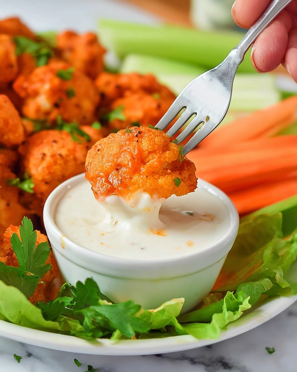 The image shows a close-up of an orange, crispy buffalo cauliflower piece being dipped into a white, creamy ranch sauce in a small white bowl. The cauliflower piece has a rough, crunchy texture and bright orange color from the buffalo sauce. The bowl sits on a bed of fresh green lettuce and parsley leaves on a white plate. In the background, there are more buffalo cauliflower pieces, along with green celery sticks and orange carrot sticks blurred out. A silver fork holds the cauliflower, partially dipped in the sauce, with a woman's hand gripping the fork out of frame. The dish is placed on a white marbled surface. photo taken with an iphone --ar 4:5 --v 7