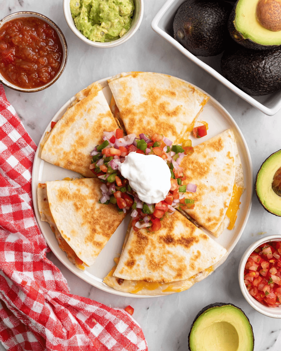 A white plate holds a quesadilla cut into six equal triangular slices arranged in a circle. The quesadilla has a light golden toasted tortilla crust and melted cheese visible at the edges. In the center on top, there is a dollop of white sour cream and a small heap of diced fresh pico de gallo with red tomatoes, green peppers, and purple onions. Surrounding the plate are small white bowls filled with guacamole, red salsa, diced pico de gallo, and sour cream. To the top right, a white rectangular dish contains whole dark green avocados with one cut in half showing the green-yellow flesh and brown seed. A red and white checkered cloth is partially draped near the plate on a white marbled surface. Photo taken with an iphone --ar 4:5 --v 7
