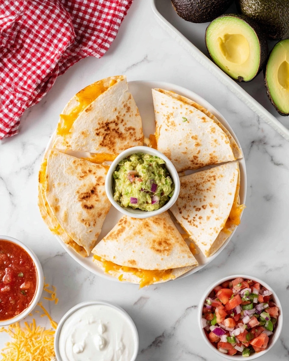 A white plate holds six folded quesadilla slices arranged in a circular pattern, their light golden-brown tortillas showing melted orange cheese peeking from the edges. At the center of the plate is a small white bowl filled with chunky guacamole, which is pale green with visible bits of red tomato, purple onion, and green herbs. Surrounding the plate on a white marbled surface are three small white bowls, each containing different dips: a smooth white sour cream, a red salsa with small tomato pieces, and a colorful mixture of diced tomatoes, onions, and green peppers. To the top right, there is a white rectangular dish holding two whole avocados and one cut avocado with the seed inside. A red and white checkered cloth is partially visible to the top left. Some shredded cheese is scattered lightly on the surface near the salsa bowl. photo taken with an iphone --ar 4:5 --v 7