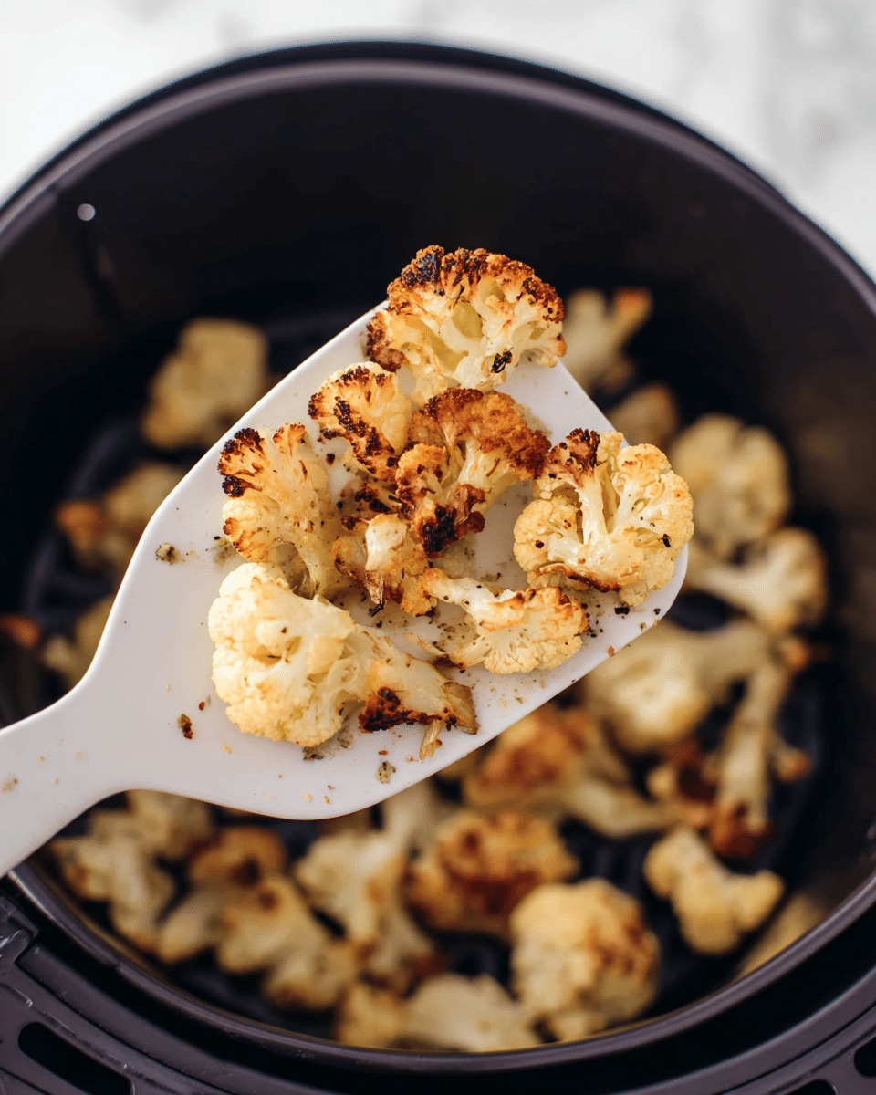 A close-up shot shows a white spatula holding several small, golden-brown roasted cauliflower florets with some char marks on their edges. The florets have a slightly rough texture with visible seasoning. Below the spatula, more roasted cauliflower pieces fill a black air fryer basket. The background is a white marbled surface. Photo taken with an iphone --ar 4:5 --v 7