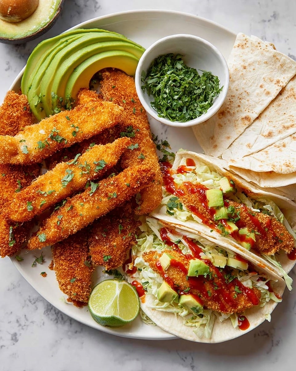 A white plate on a white marbled surface holds several golden-brown, crispy fried fish strips sprinkled with chopped green herbs. On the left side, there are three slices of avocado, one partially sliced showing bright green inside. Lime wedges with fresh green skin are placed near the avocado and fish. To the right, there are two soft white tortillas each filled with layers: a base of finely shredded light green cabbage, topped with a fried fish strip, drizzled with red sauce and green sauce, and garnished with chopped herbs. Next to the tacos are folded plain white tortillas. A small white dish filled with chopped fresh green herbs sits above the tacos. photo taken with an iphone --ar 4:5 --v 7
