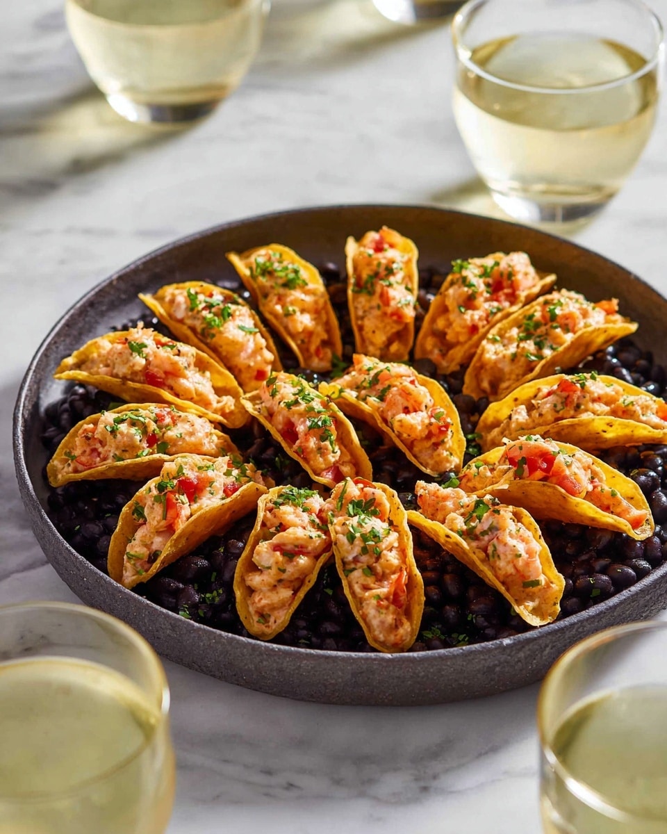 A round dark bowl filled with shiny black beans holds 16 mini taco shells arranged evenly all over. Each shell is golden brown and curved, filled with a creamy mixture of pinkish-orange seafood, small red chunk pieces, and topped with finely chopped green herbs. The bowl rests on a white marbled surface with three glasses of light yellow beverage placed around it, one glass slightly blurred in the foreground. photo taken with an iphone --ar 4:5 --v 7