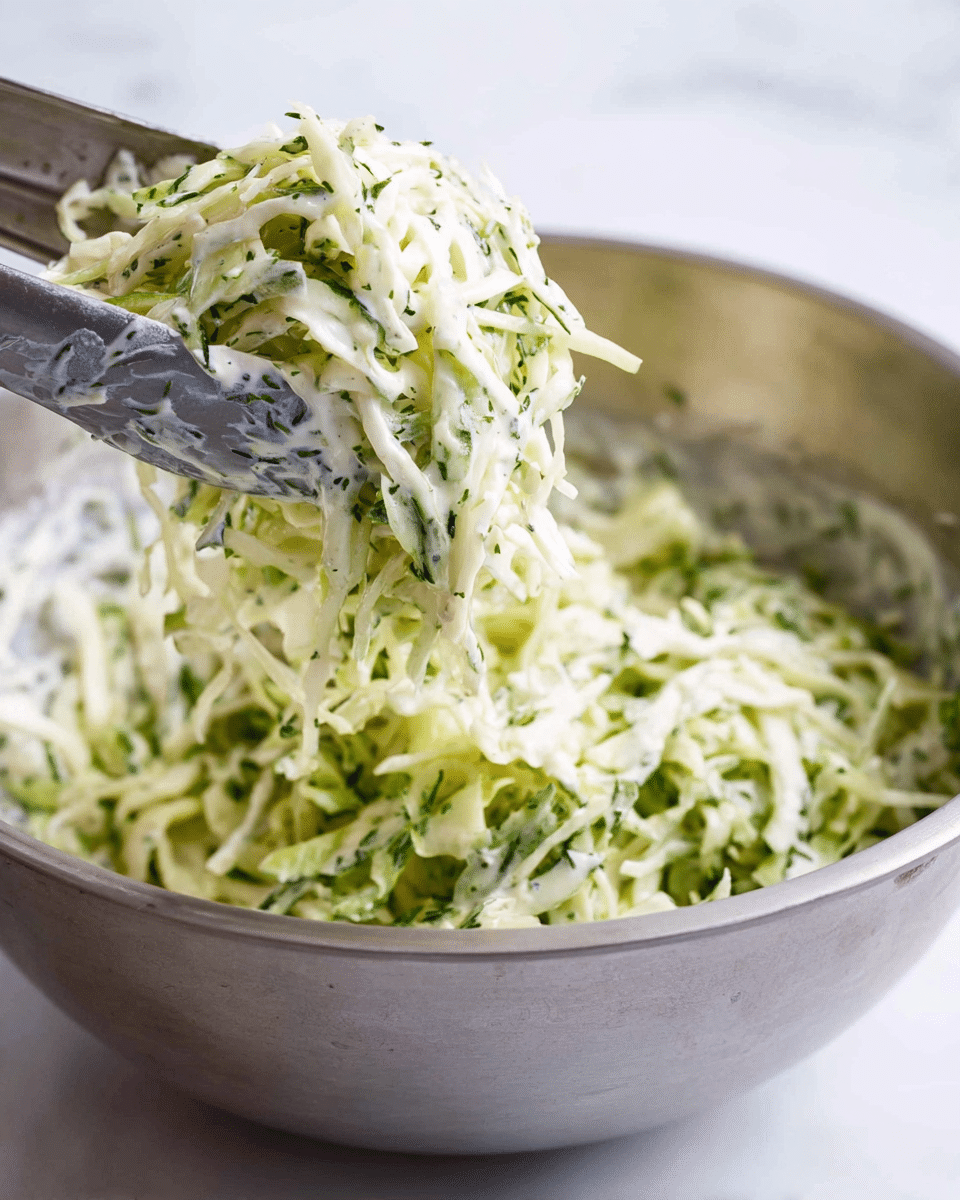 A close-up view of a metal mixing bowl filled with shredded green cabbage mixed with chopped herbs and a creamy white dressing. The cabbage strands are thin and slightly wet from the dressing, showing a mix of pale green and white colors with flecks of green herbs throughout. A pair of metal tongs lifts a portion of the creamy cabbage mixture out of the bowl, with the sauce visibly coating the strands. The bowl sits on a white marbled surface with a soft, light background. photo taken with an iphone --ar 4:5 --v 7