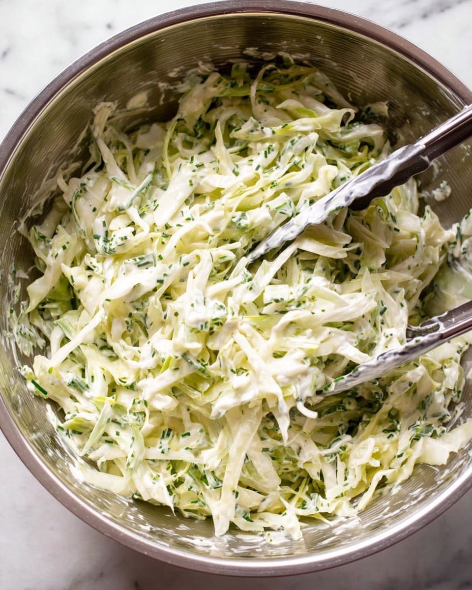 The image shows a large silver metal bowl filled with shredded cabbage mixed with a creamy white dressing and small green herb pieces. The cabbage is thinly sliced in long strips, and the creamy dressing evenly coats the cabbage and herbs, giving a slightly glossy look. There is a pair of metal tongs resting inside the bowl, with some of the creamy mixture stuck to them. The bowl sits on a surface with a white marbled texture. The focus is close up, showing the texture and mix clearly. Photo taken with an iphone --ar 4:5 --v 7