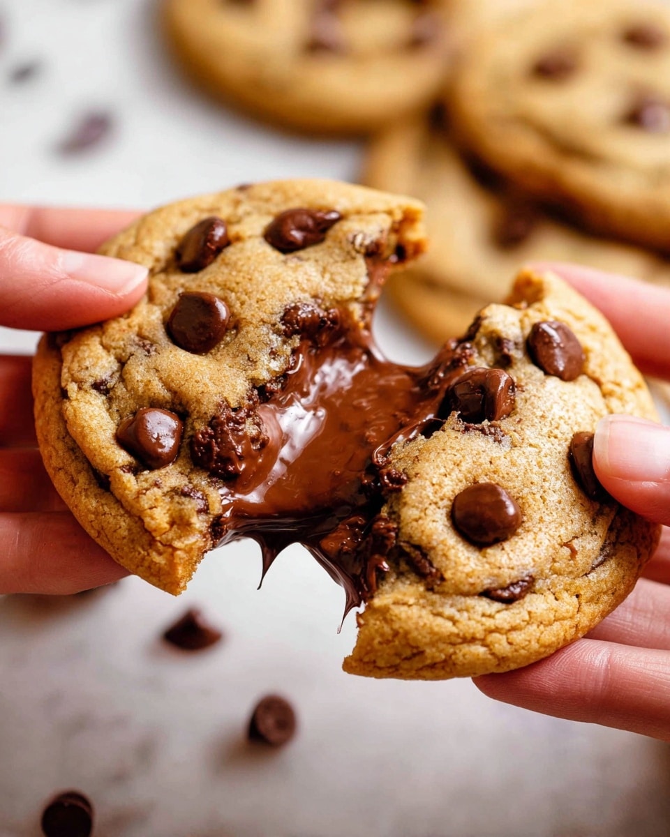 A close-up view of a golden brown chocolate chip cookie being split by two woman's hands, showing a thick, gooey, melted chocolate center oozing out. The cookie surface is dotted with many semi-sweet chocolate chips, some slightly melted, giving it a soft yet slightly crisp texture. In the blurred background, more whole cookies with same chocolate chips are visible on a white marbled surface. photo taken with an iphone --ar 4:5 --v 7