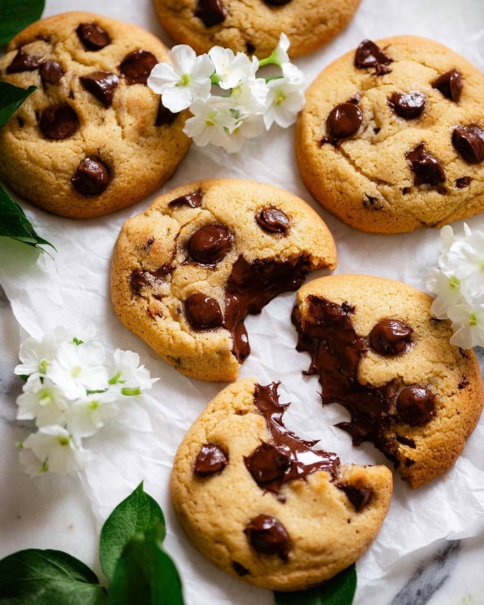 The image shows six golden-brown chocolate chip cookies with a soft texture, scattered on white parchment paper over a white marbled surface. One cookie is broken open, revealing melted, gooey chocolate inside. The cookies are studded with large, dark chocolate chips that contrast with the warm cookie dough. Around the cookies are small clusters of white flowers with green leaves, adding a fresh, natural touch to the composition. photo taken with an iphone --ar 4:5 --v 7