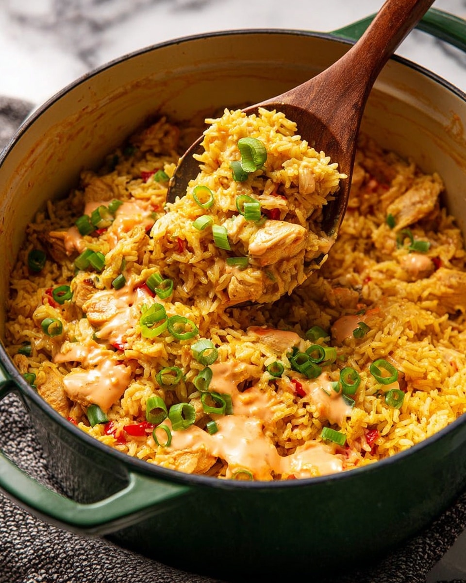 A large green pot filled with a vibrant yellow rice dish mixed with chunks of cooked chicken and small pieces of red bell pepper, garnished with thinly sliced green onions scattered on top. Creamy light orange sauce is drizzled lightly over the rice and chicken, creating a contrast against the yellow grains. A wooden spoon lifts a scoop of the rice mixture, showing the texture of the fluffy long-grain rice and tender chicken pieces underneath the sauce. The pot rests on a white marbled surface with a textured gray cloth next to it. photo taken with an iphone --ar 4:5 --v 7
