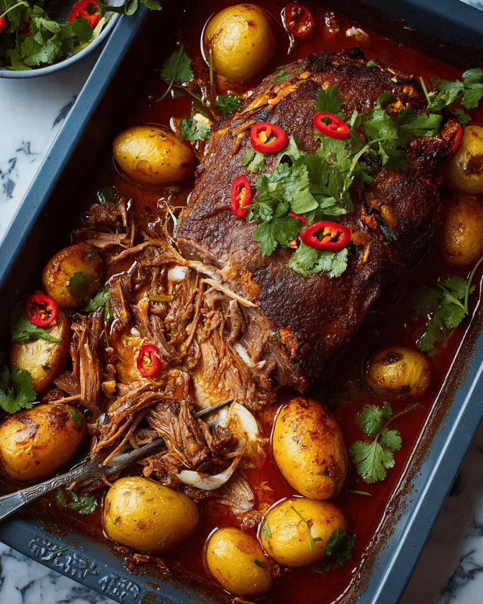 The image shows a large, browned roast piece with a crispy texture on top, surrounded by several small golden-brown roasted potatoes in a dark baking tray. The roast is partially shredded with a fork, revealing tender, juicy meat inside. Red chili slices and fresh green cilantro leaves are scattered on top of the meat and potatoes, adding color contrast. The tray is filled with a rich, deep red sauce that coats the bottom and sides. The background is a white marbled surface. Photo taken with an iphone --ar 4:5 --v 7