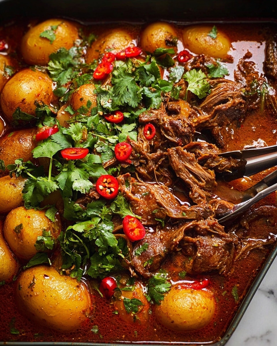 The image shows a tray filled with rich brown stew with pieces of tender meat layered thickly throughout the dish, some shredded and some whole chunks. The stew is deep reddish-brown with a shiny, oily surface. Around the edges, there are golden-brown baby potatoes that look roasted and slightly crisp. Bright green coriander leaves are spread on top and mixed in, adding fresh color. Red chili slices are scattered among the meat and herbs for a contrast of vibrant red. There are silver tongs partially dipping into the stew from the top right corner. The whole dish is set on a white marbled surface. photo taken with an iphone --ar 4:5 --v 7