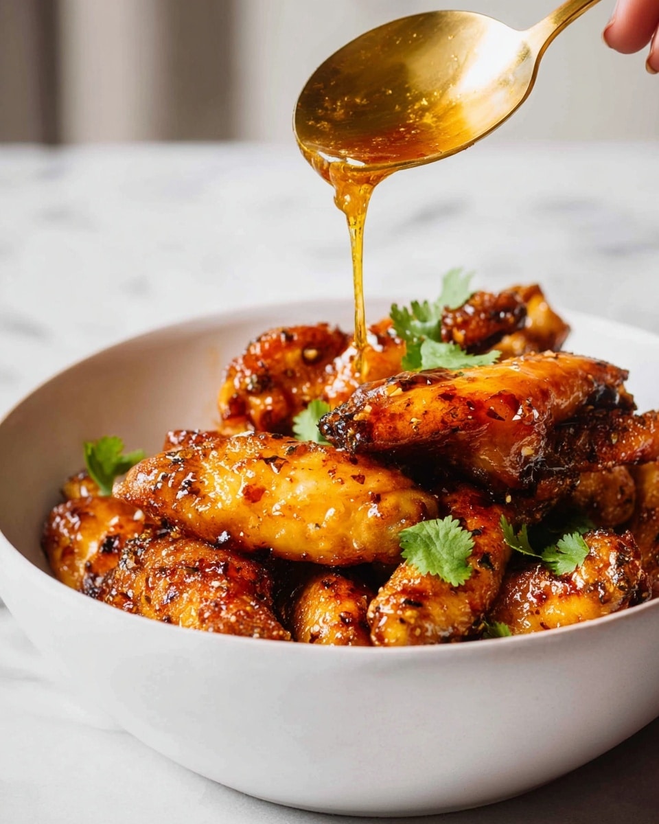 A white bowl is filled with golden-brown chicken wings that look crispy and coated in a rich, sticky sauce. Small green cilantro leaves are scattered on top, adding a fresh touch. Above the wings, a golden spoon held by a woman's hand is pouring a shiny, amber-colored sauce that drips slowly onto the wings. The background is a white marbled texture, making the colors of the food stand out. photo taken with an iphone --ar 4:5 --v 7