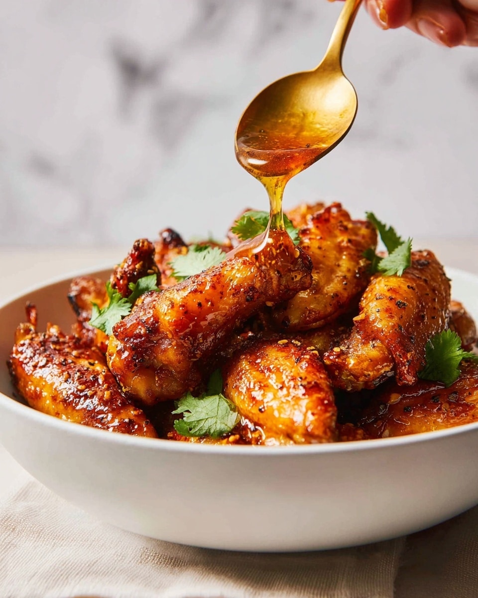 A white shallow bowl filled with multiple golden-brown, crispy chicken wings, each wing showing a textured, spicy glaze. Small green cilantro leaves are scattered on top, adding a fresh contrast to the warm colors of the wings. Above the bowl, a golden spoon held by a woman's hand is pouring a shiny, amber-colored sauce over the wings, creating a glossy layer on the surface of the chicken. The background shows a soft white marbled texture. photo taken with an iphone --ar 4:5 --v 7