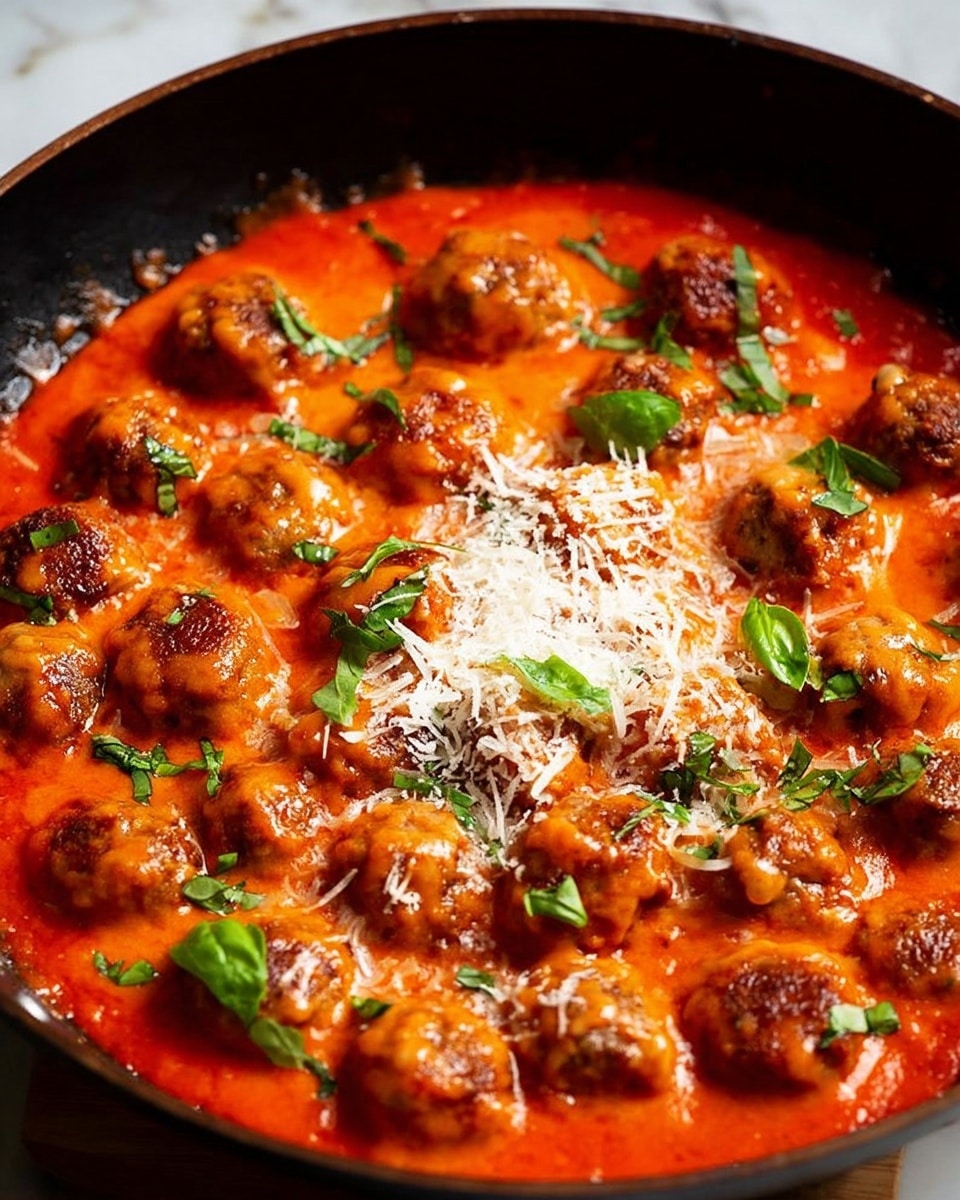 This image shows a black pan filled with small, round meatballs sitting in a rich, bright red tomato sauce. The meatballs are covered in a creamy, orange-red layer of melted cheese sauce, giving them a smooth, slightly glossy texture. There are green basil leaves scattered on top, adding a fresh contrast to the red and orange colors. Light, finely shredded white cheese is sprinkled across the middle of the dish, adding a delicate texture on top. The pan sits on a white marbled surface. photo taken with an iphone --ar 4:5 --v 7