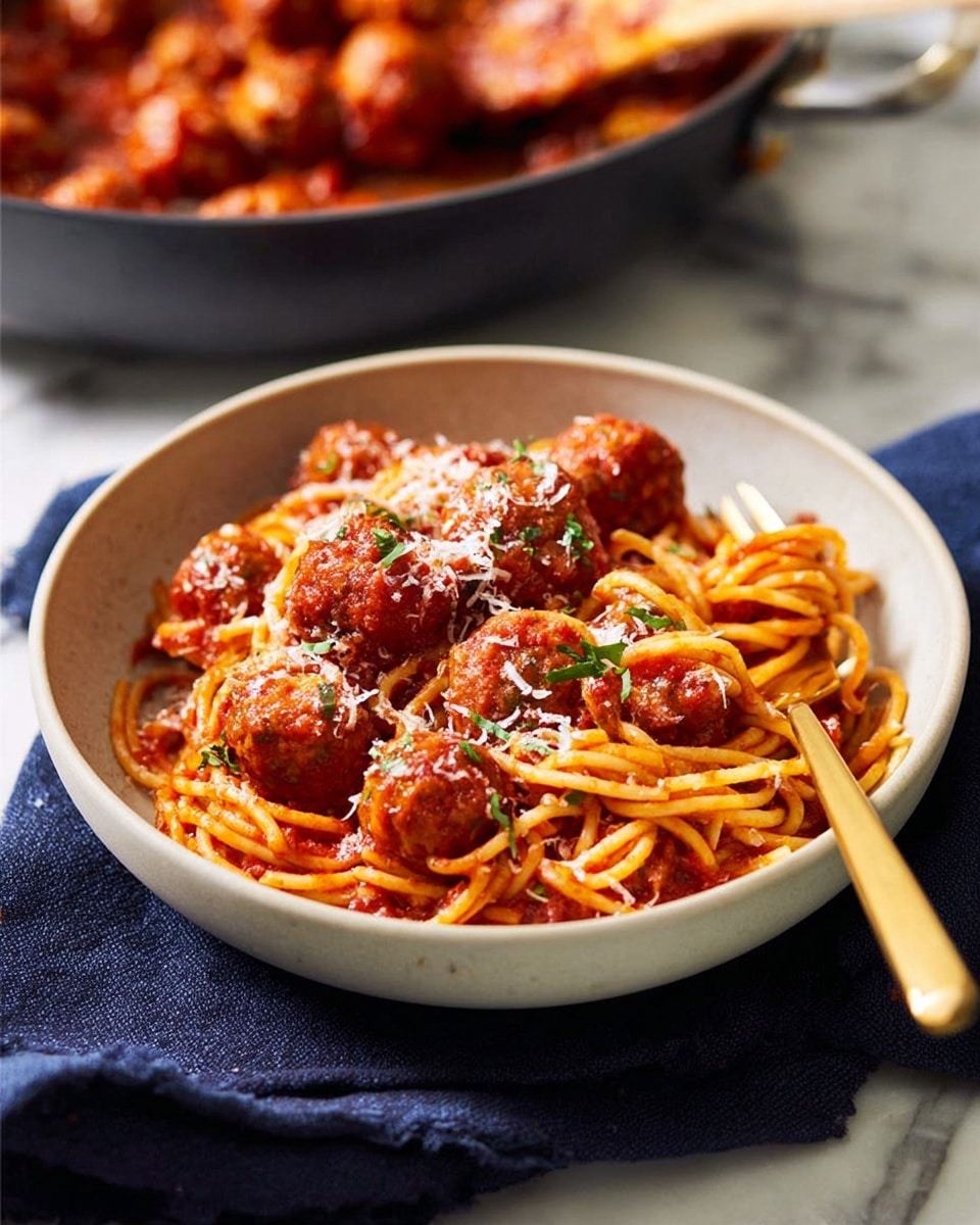 A white bowl filled with spaghetti coated in red tomato sauce forms the base layer, topped with small round meatballs that are also covered in sauce, creating a rich reddish-brown textured layer. The dish is sprinkled with white grated cheese and small green herb pieces that add a light contrasting touch on top. A gold-colored fork is placed inside the bowl on the right side, with spaghetti twirled around its tines. The bowl sits on a dark blue cloth, all set against a white marbled surface. In the background, a pan with more spaghetti and meatballs is partially visible, slightly blurred. Photo taken with an iphone --ar 4:5 --v 7