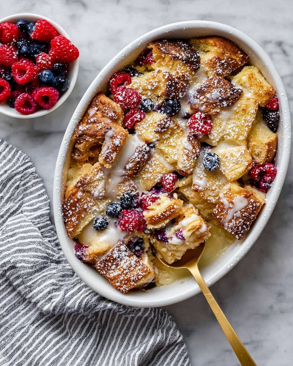 The dish is a bread pudding served in a white oval dish, with about three visible layers of golden-brown baked bread pieces that look crispy on top and soft inside. Mixed within the bread are bright red raspberries and dark blue blueberries, scattered evenly across the top and inside. The pudding is lightly drizzled with white icing and dusted with powdered sugar, adding a soft white contrast on the warm bread and berries. A golden spoon lifts a portion from the lower right side, showing a creamy inside with berries embedded. Nearby, a small white bowl filled with raspberries and blueberries sits on a white marbled surface, along with a striped cloth napkin at the lower left. photo taken with an iphone --ar 4:5 --v 7