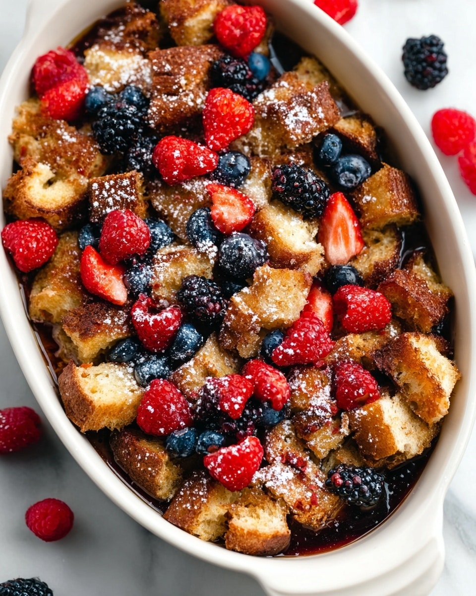 This image shows a white oval dish filled with toasted bread cubes that have a golden brown and slightly crispy texture, layered evenly across the dish. Scattered on top are fresh berries, including bright red strawberries and raspberries, deep blue blueberries, and dark blackberries. The dish is drizzled with a shiny, dark syrup that pools slightly in some areas and a light dusting of powdered sugar is sprinkled over the top, adding a soft white contrast to the warm tones. The dish sits on a white marbled surface with a few loose berries nearby, creating a fresh and inviting look. photo taken with an iphone --ar 4:5 --v 7