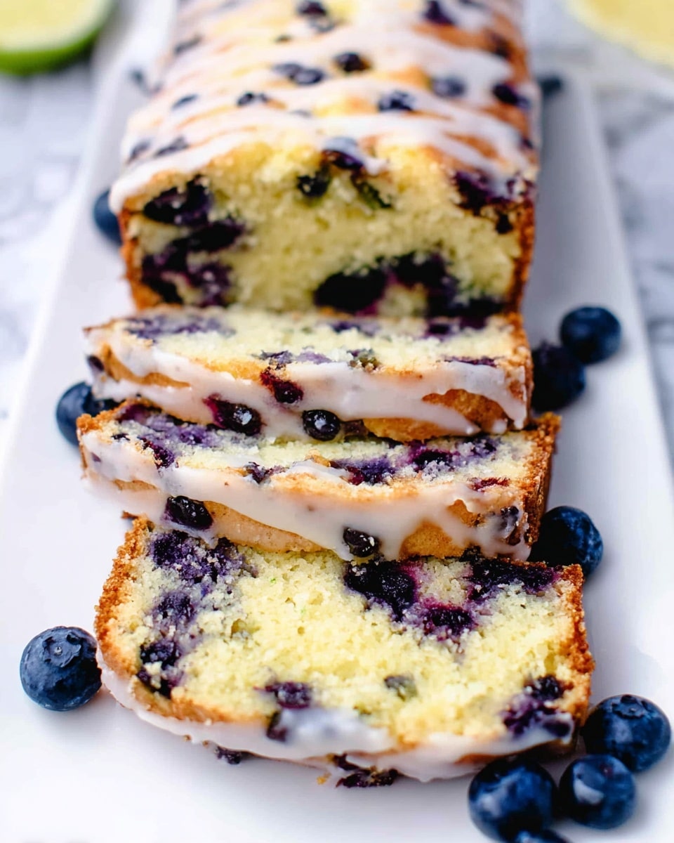 The image shows a sliced blueberry cake arranged on a white plate over a white marbled surface. The cake has about two layers visible: a light yellow inner cake layer filled evenly with whole blueberries, and a top thin golden-brown crust layer with a shiny white glaze drizzled lightly across the top. Blueberries are scattered around the plate, adding a pop of deep blue color. The texture looks soft and moist inside with a slightly crisp glazed top. photo taken with an iphone --ar 4:5 --v 7