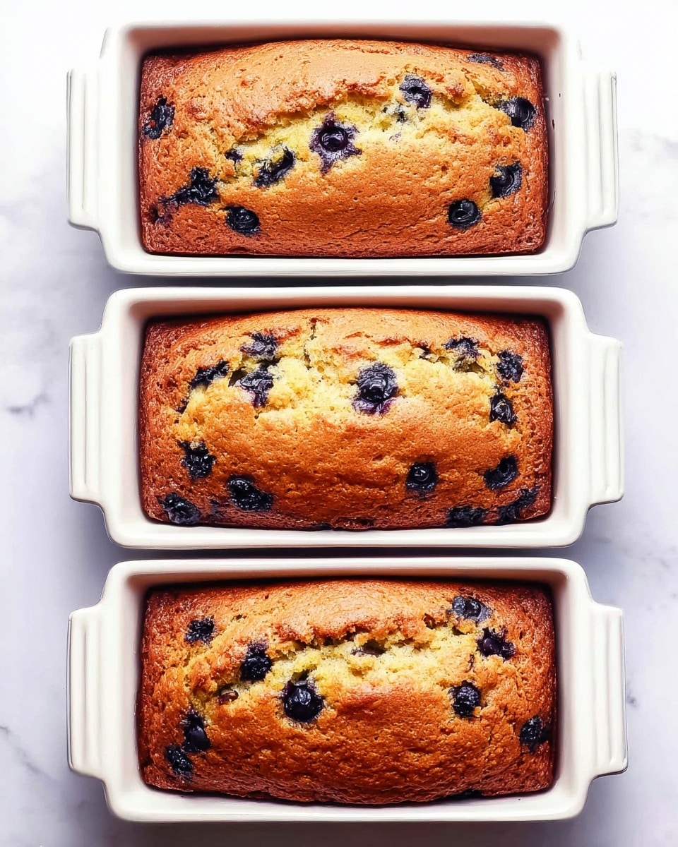 Three small golden brown blueberry loaves sit inside white rectangular loaf pans, stacked vertically on a white marbled surface. Each loaf has a lightly cracked top with visible dark blue and purple blueberry spots peeking through the soft textured crust. The pans fit snugly, with the fruit studded loaves filling them to the edges, showing a slight dome shape. The bright natural light highlights the warm, inviting color of the baked bread. Photo taken with an iphone --ar 4:5 --v 7