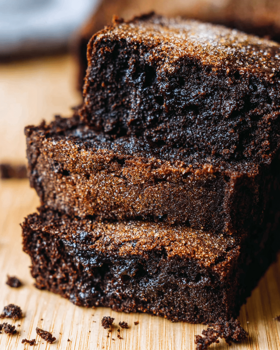 The image shows a close-up of three slices of rich chocolate cake stacked on a light wooden surface. The texture is moist and dense, with the top crust being slightly crumbly and lighter brown with some sugar sprinkled on top, giving a crunchy appearance. The inside is dark brown and glossy, showing a gooey and fudgy texture with tiny crumb details visible. The slices are thick and uneven, with some crumbs scattered around. Photo taken with an iphone --ar 4:5 --v 7