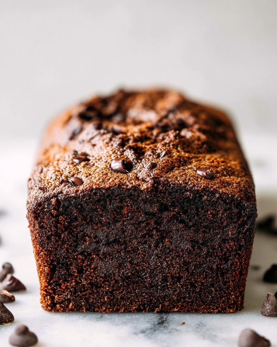 A close-up image of a dark brown chocolate loaf cake with a slightly cracked and textured top layer, showing a rich and moist crumb underneath. The surface has a rough texture with small chocolate chips embedded, blending into the dense cake. The loaf is square-shaped with sharp edges and a firm crust, placed directly on a white marbled surface with scattered chocolate chips in front, adding depth and detail. Photo taken with an iphone --ar 4:5 --v 7