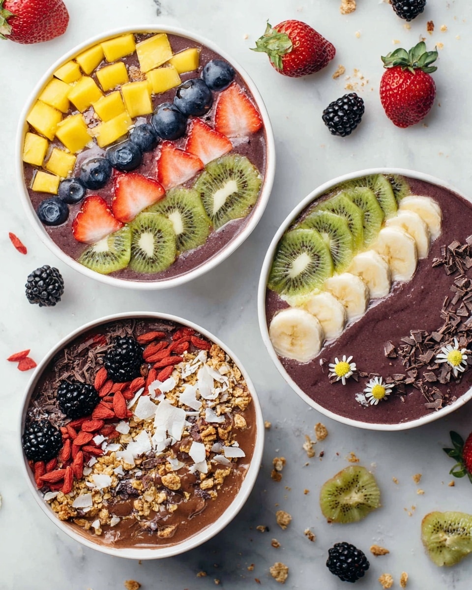 Three white bowls are filled with thick smoothie bases in dark purple and brown colors. The top right bowl has a dark brown base with toppings arranged in rows: bright yellow mango cubes, dark blue blueberries, slices of green kiwi, white coconut strips, and pale yellow banana slices, some small white flowers are scattered. The middle bowl shows a dark purple base with horizontal layers of red strawberry slices, green pumpkin seeds, black blackberries, granola clusters, more blueberries, red raspberries, white coconut strips, and red goji berries. The bottom left bowl has a brown base topped with red strawberry slices, white almond slivers, chocolate shavings, granola, and light brown drizzle, possibly peanut butter. Around the bowls on a white marbled surface are scattered various small fruits and seeds like strawberries, blackberries, kiwi slices, and pumpkin seeds. photo taken with an iphone --ar 4:5 --v 7