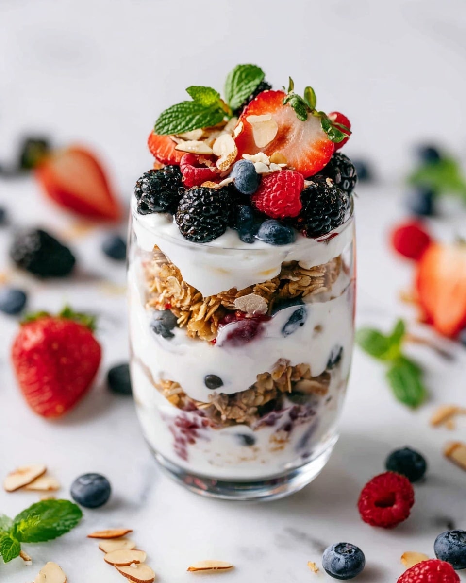 A clear glass filled with a four-layer parfait set on a white marbled surface. The bottom layer is golden-brown granola mixed with scattered blueberries, followed by a thick white creamy yogurt layer with bits of strawberries and blueberries inside. This repeats with another granola layer topped by more yogurt. The top layer is decorated with fresh sliced strawberries, blackberries, raspberries, whole blueberries, green mint leaves, and almond slices. Scattered berries and mint leaves surround the glass for extra detail. Photo taken with an iphone --ar 4:5 --v 7