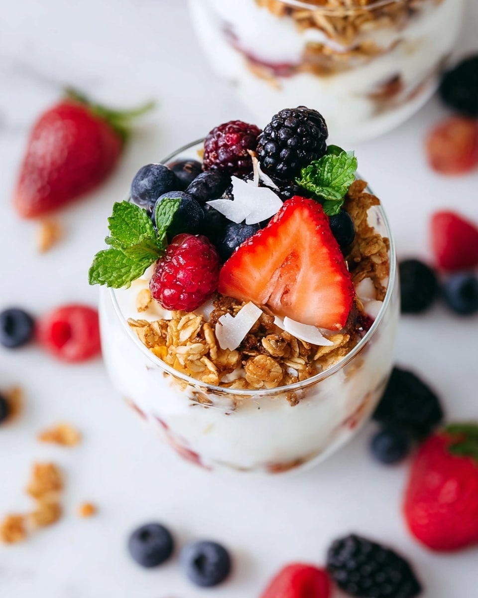 The image shows a close-up of a clear glass filled with layers starting from the bottom: creamy white yogurt, followed by a sprinkling of golden-brown granola with a crisp texture, then a mix of colorful fresh berries including a bright red sliced strawberry, dark blackberries, red raspberries, and round blueberries scattered on top. There are also white coconut flakes and small green mint leaves adding fresh color and texture. The background is a white marbled texture, with some berries spread around the glass. photo taken with an iphone --ar 4:5 --v 7
