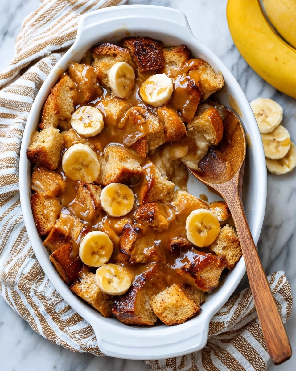 The image shows a white oval baking dish filled with a bread pudding made from large, chunky pieces of golden-brown toasted bread, slightly crisp on the edges, mixed with round slices of bananas scattered on top and inside. The pudding is covered in a shiny, caramel-colored sauce that glistens over the bread and bananas. A wooden spoon is partially dipped into the pudding on the right side of the dish. The dish is placed on a white marbled surface with a beige and white striped cloth partly visible underneath and to the left. In the background, there is a whole banana and two banana slices near the top right corner. photo taken with an iphone --ar 4:5 --v 7