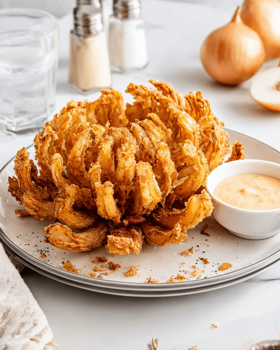 A large, golden-brown fried blooming onion sits in the center of a white plate with a faint gray rim. The onion is cut into many petal-like layers, each crispy with textured batter and a consistent warm color from light to deep gold, spreading outward and upward from the base, giving it a flower shape. On the right side of the plate, a small white bowl holds a creamy, light orange dipping sauce with a smooth texture. The plate rests on a white marbled surface, with a glass of water, two whole onions, and salt and pepper shakers in the soft background. Crumbs from the fried onion are scattered lightly around the plate edges. photo taken with an iphone --ar 4:5 --v 7